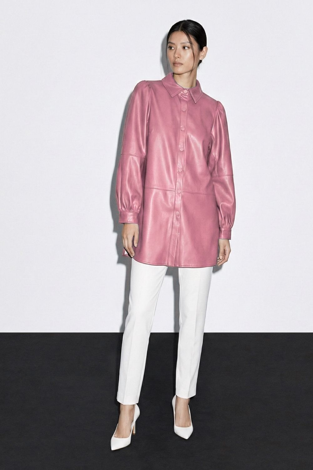 Mizalle Çıt çıtlı Deri Görünümlü Pembe Gömlek - Mizalle