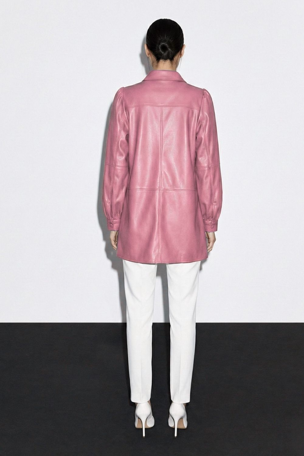 Mizalle Çıt çıtlı Deri Görünümlü Pembe Gömlek - 4
