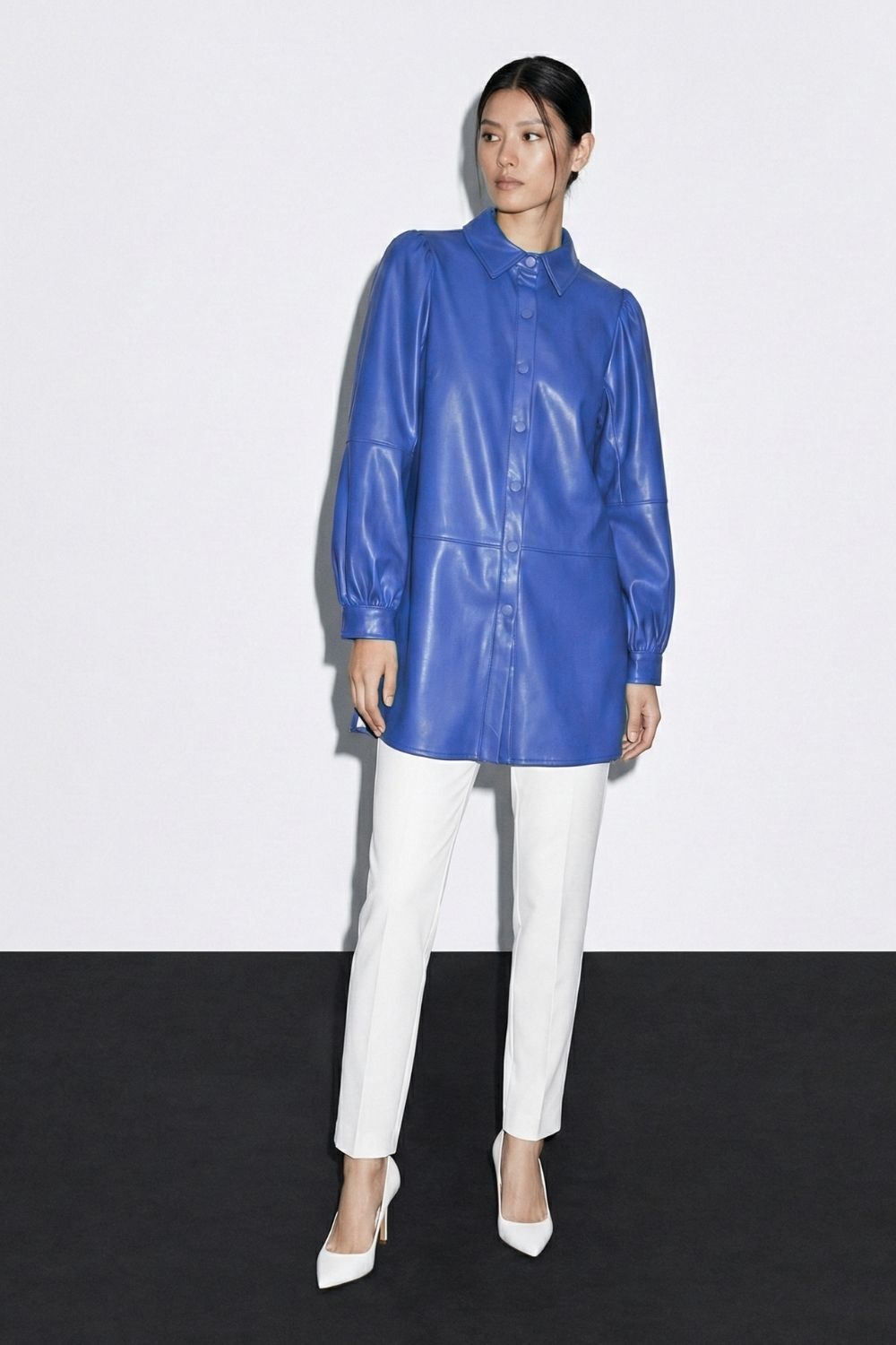 Mizalle Çıt çıtlı Deri Görünümlü Saks Mavisi Gömlek - 1