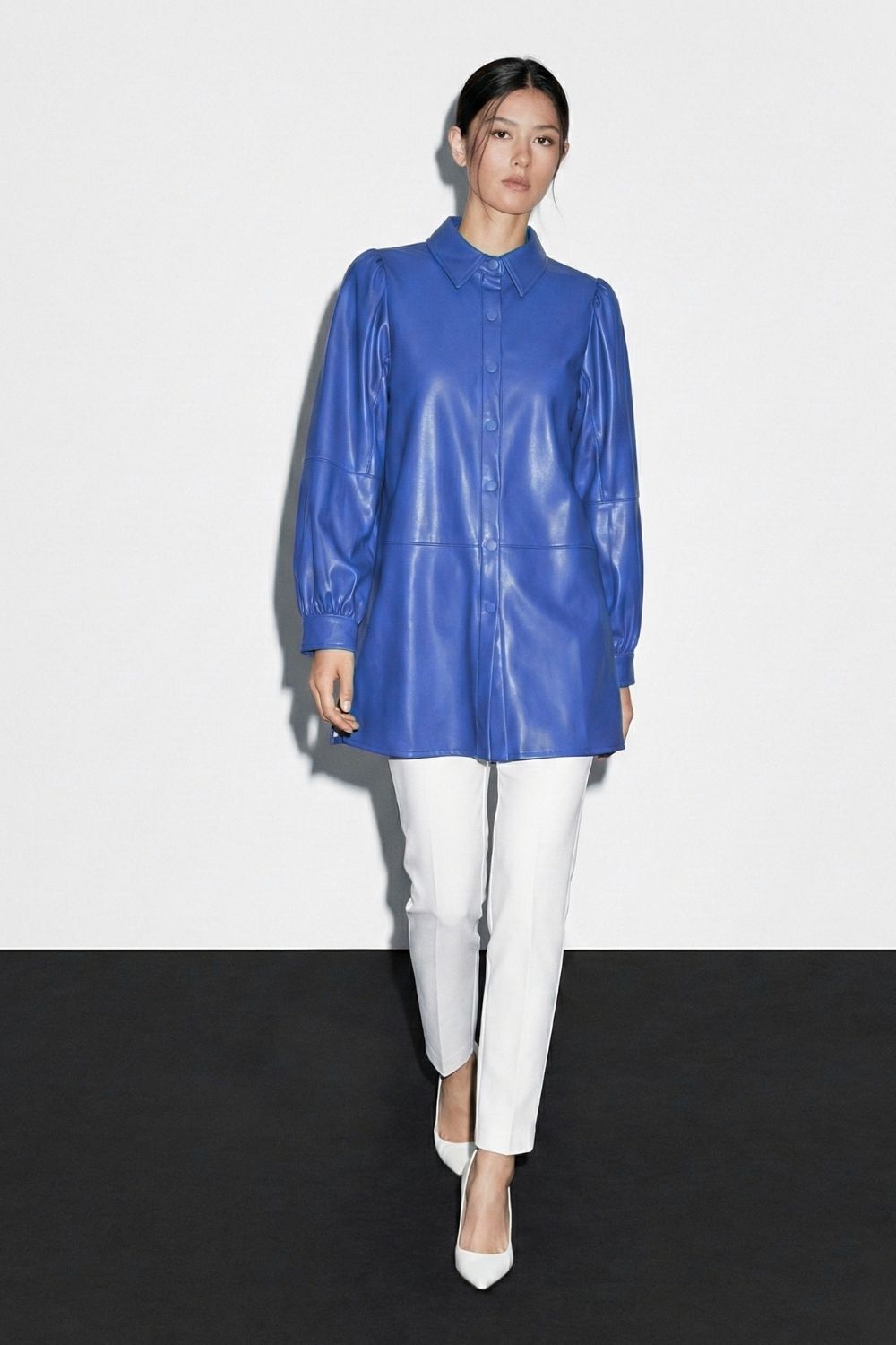 Mizalle Çıt çıtlı Deri Görünümlü Saks Mavisi Gömlek - 2