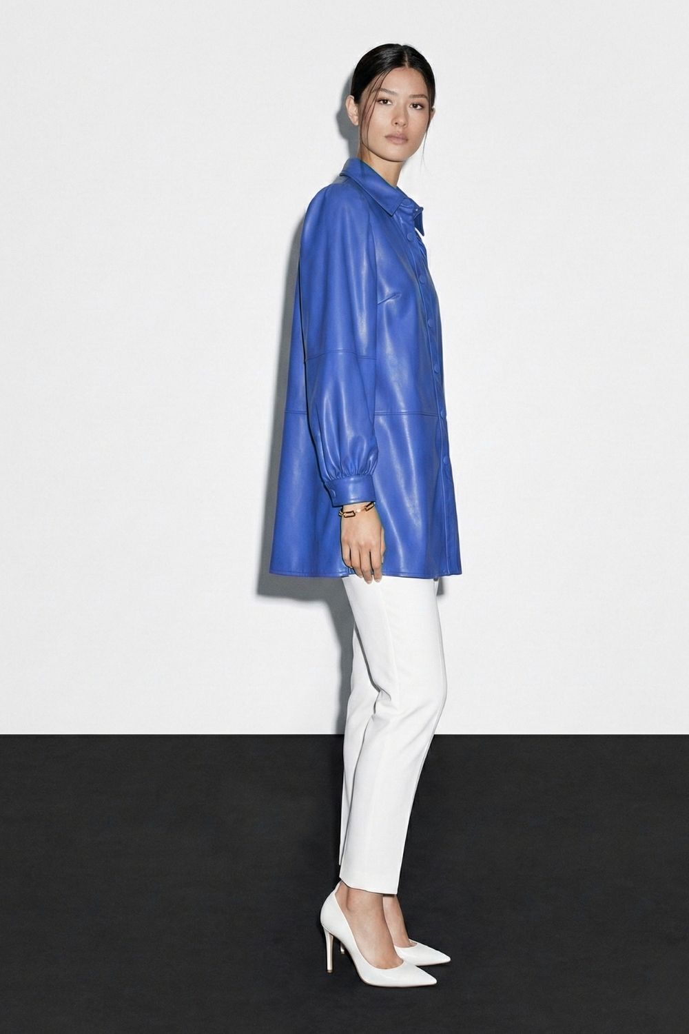 Mizalle Çıt çıtlı Deri Görünümlü Saks Mavisi Gömlek - 3