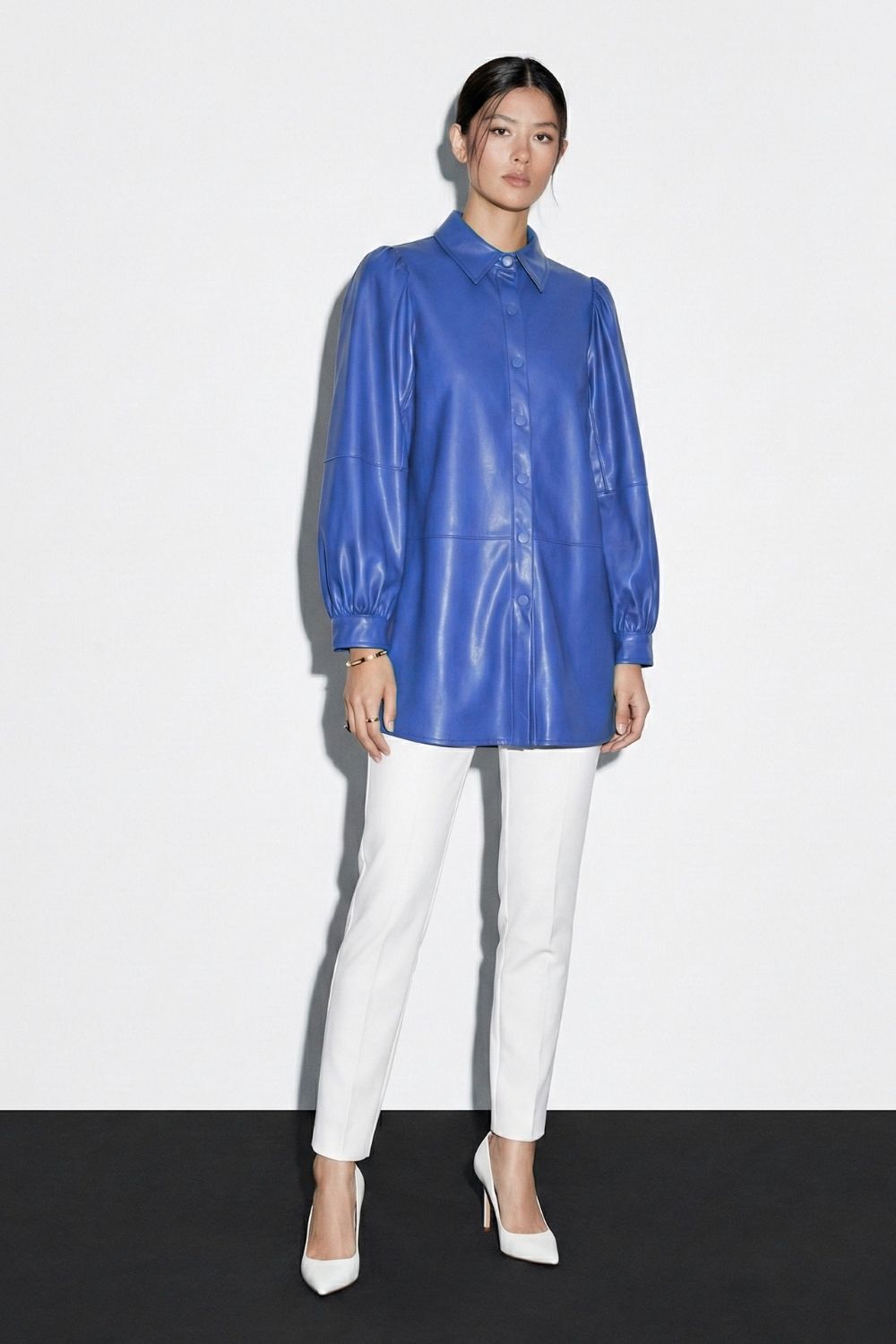 Mizalle Çıt çıtlı Deri Görünümlü Saks Mavisi Gömlek - Mizalle