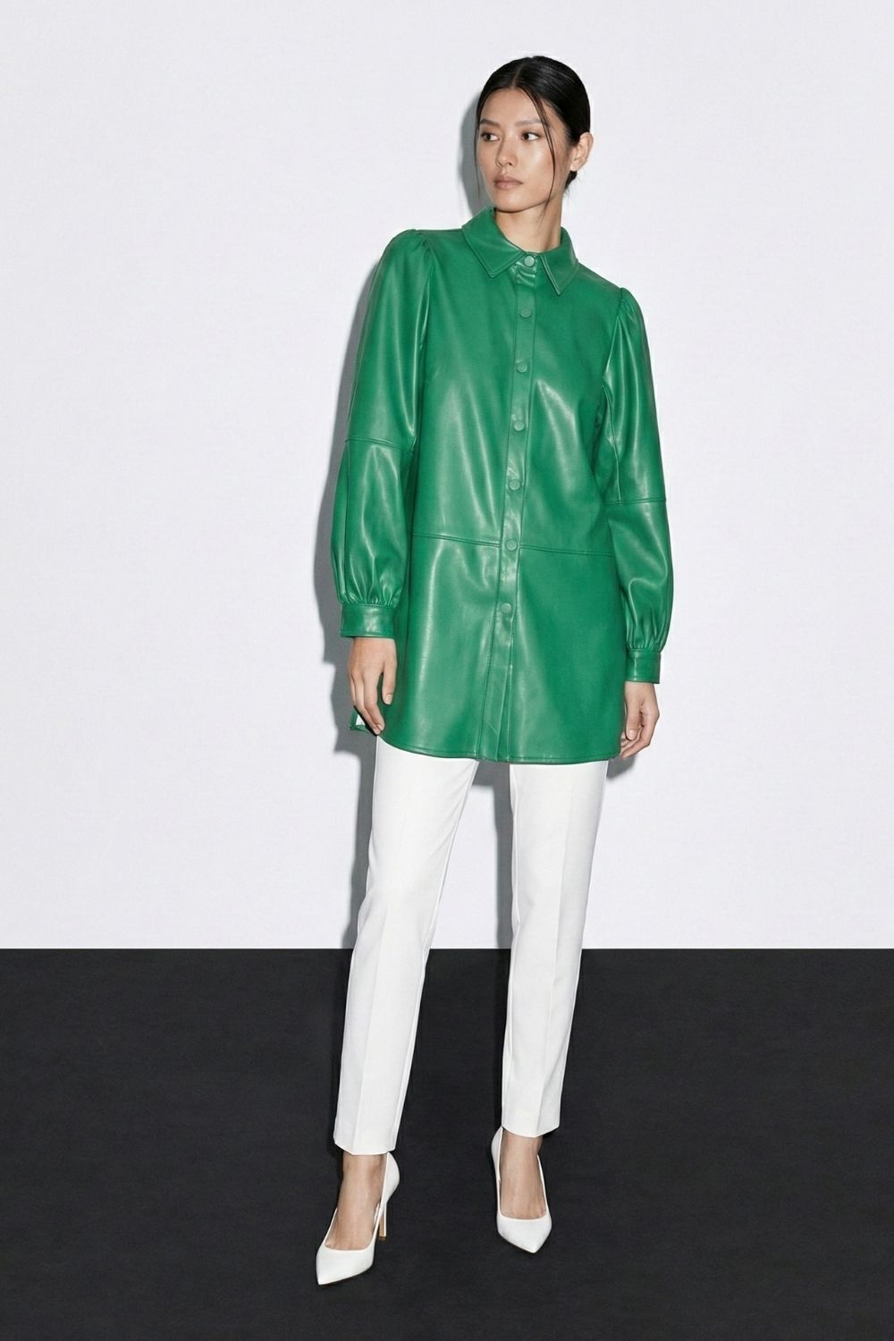 Mizalle Çıt çıtlı Deri Görünümlü Yeşil Gömlek - 2