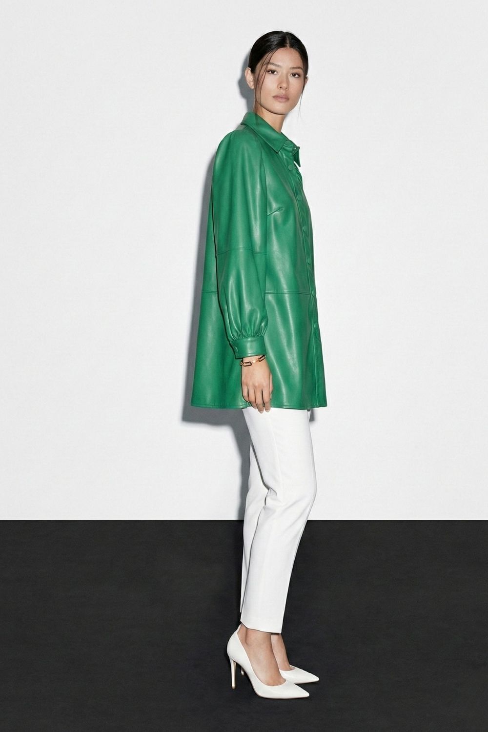 Mizalle Çıt çıtlı Deri Görünümlü Yeşil Gömlek - Mizalle