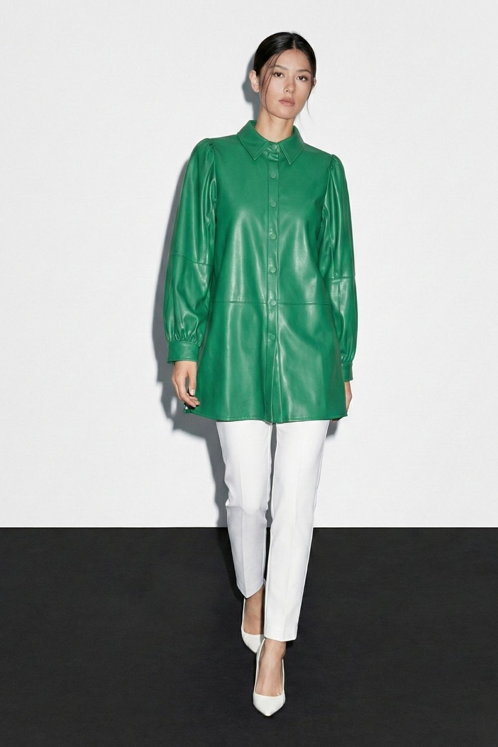 Mizalle Çıt çıtlı Deri Görünümlü Yeşil Gömlek - Mizalle