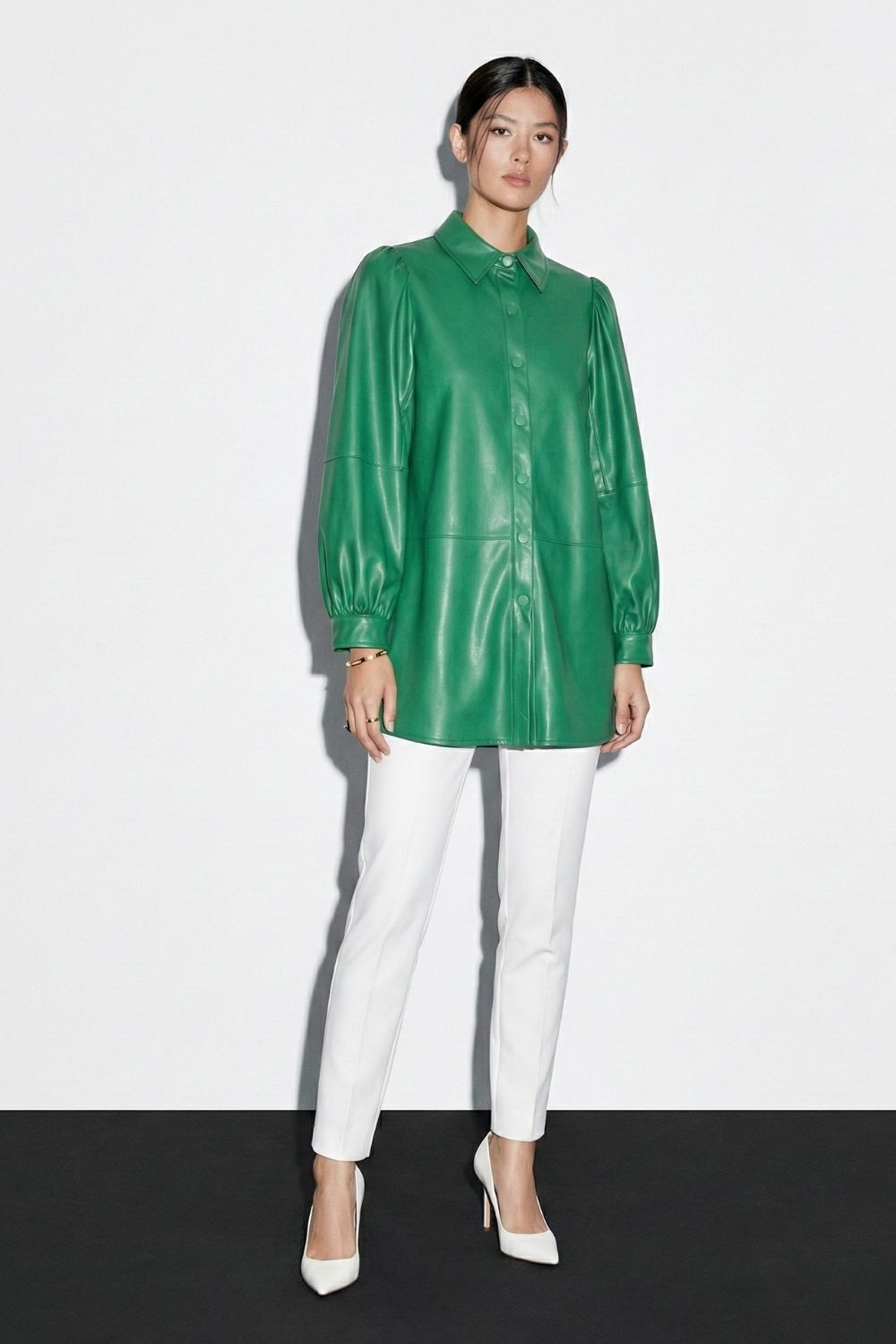Mizalle Çıt çıtlı Deri Görünümlü Yeşil Gömlek - 5