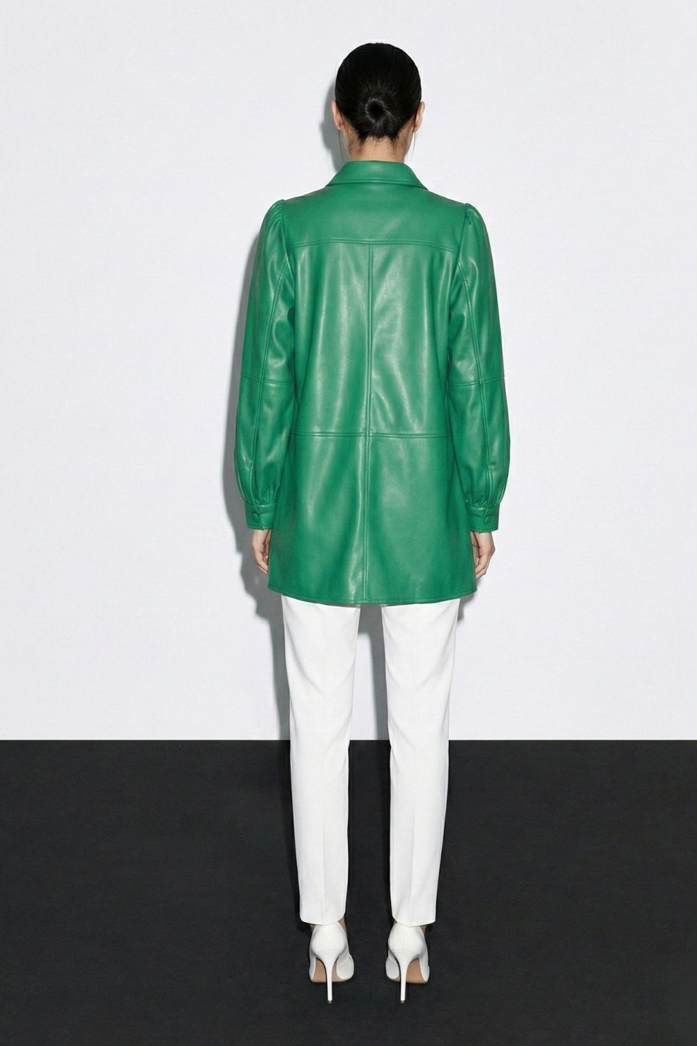 Mizalle Çıt çıtlı Deri Görünümlü Yeşil Gömlek - 6