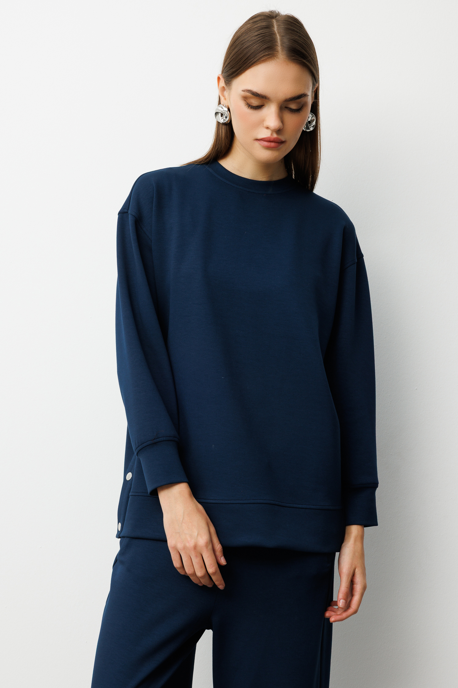 Mizalle Çıtçıtlı Yumuşak Dokulu İndigo Mavi Spor Tunik - Mizalle