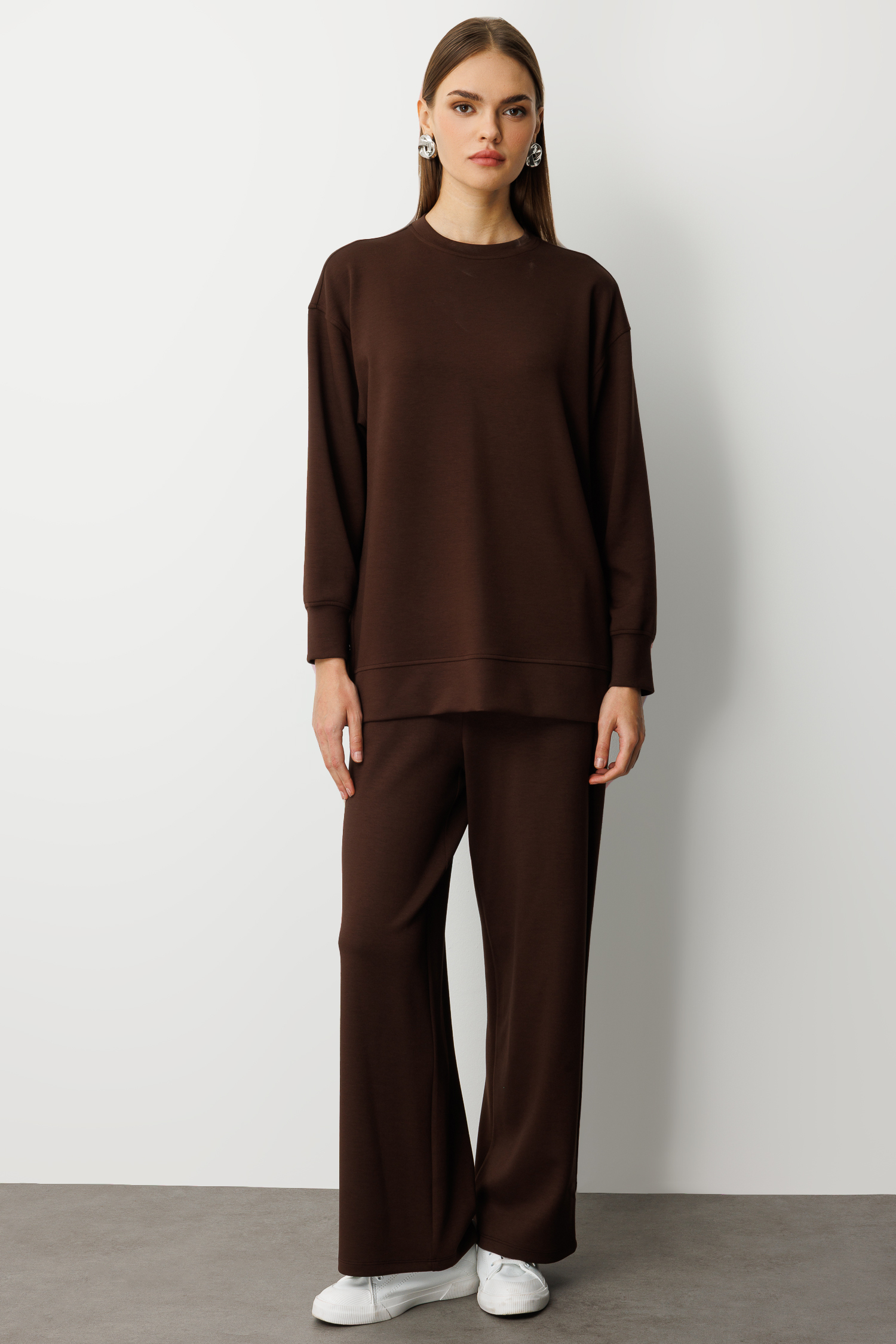 Mizalle Çıtçıtlı Yumuşak Dokulu Kahverengi Spor Tunik - 1