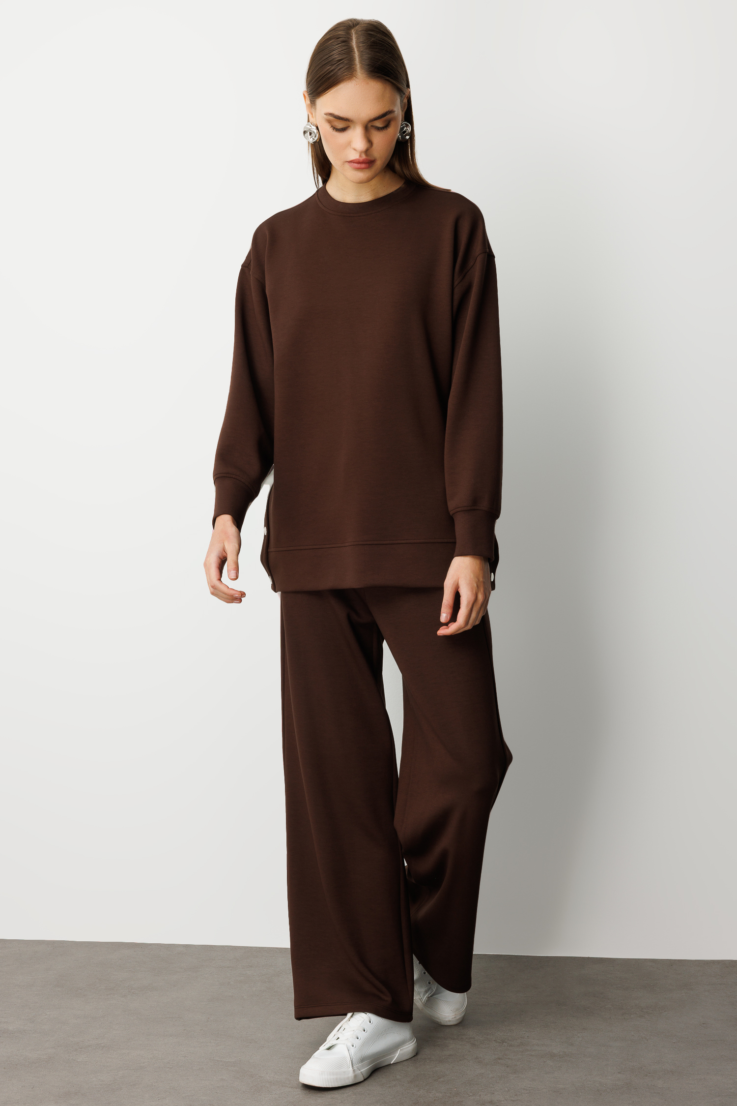 Mizalle Çıtçıtlı Yumuşak Dokulu Kahverengi Spor Tunik - Mizalle