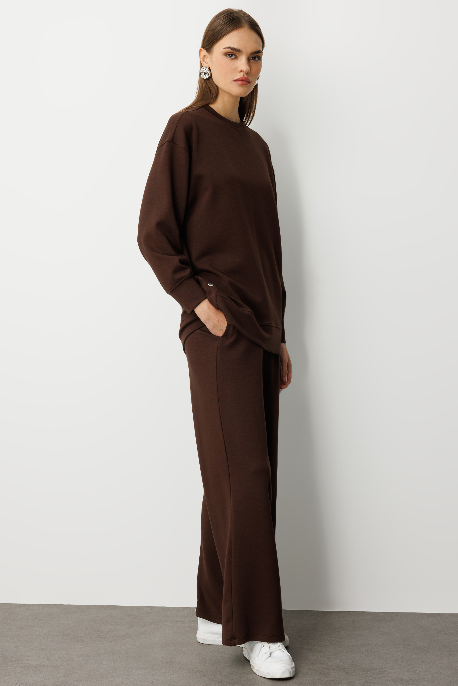 Mizalle Çıtçıtlı Yumuşak Dokulu Kahverengi Spor Tunik - Mizalle