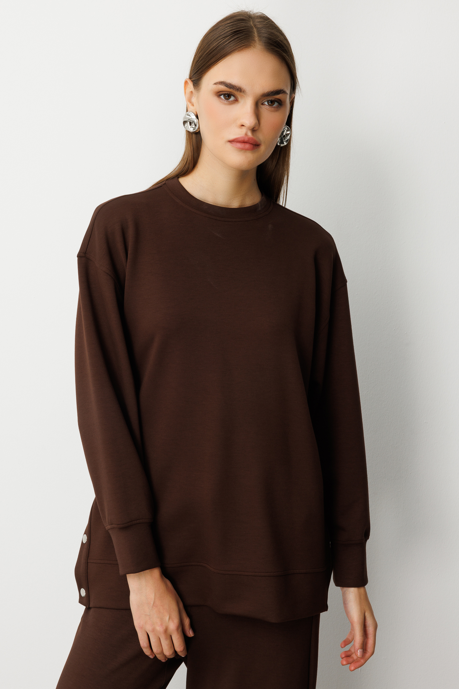 Mizalle Çıtçıtlı Yumuşak Dokulu Kahverengi Spor Tunik - Mizalle