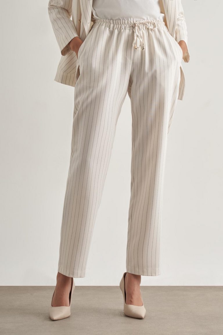 Mizalle Çizgili Ekru İpli Rahat Yazlık Pantolon - Mizalle