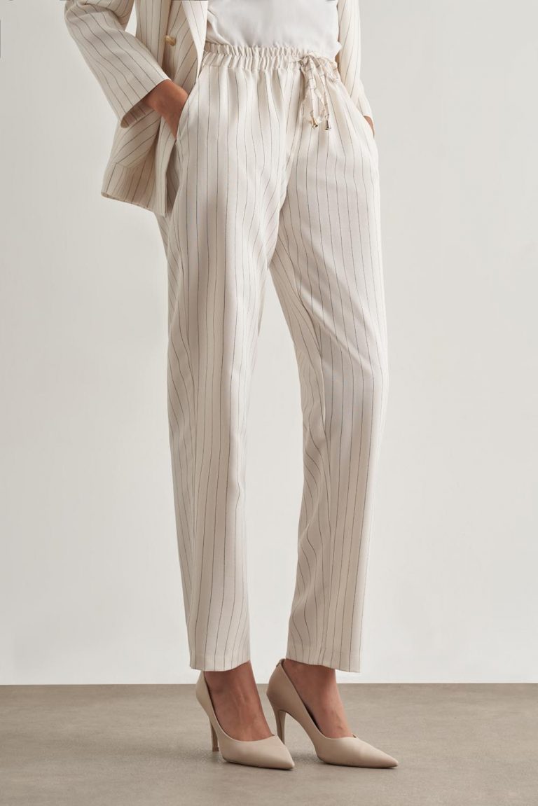 Mizalle Çizgili Ekru İpli Rahat Yazlık Pantolon - Mizalle
