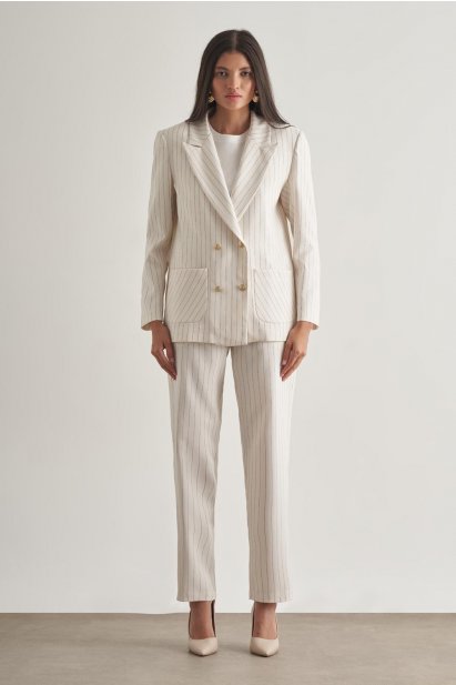 Mizalle Çizgili Ekru İpli Rahat Yazlık Pantolon - Mizalle