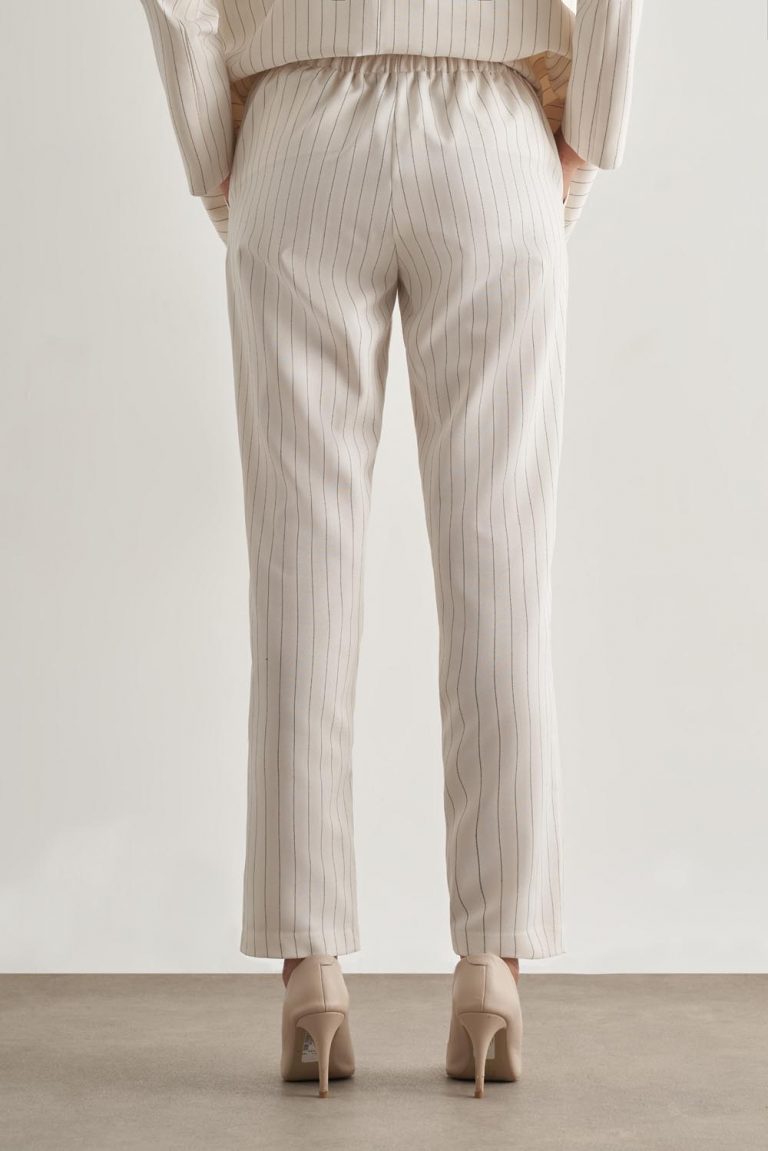 Mizalle Çizgili Ekru İpli Rahat Yazlık Pantolon - Mizalle