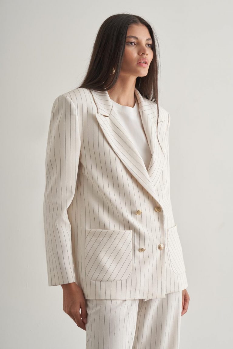 Mizalle Çizgili Ekru Kruvaze Yazlık Ceket - Mizalle