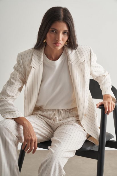 Mizalle Çizgili Ekru Kruvaze Yazlık Ceket - Mizalle
