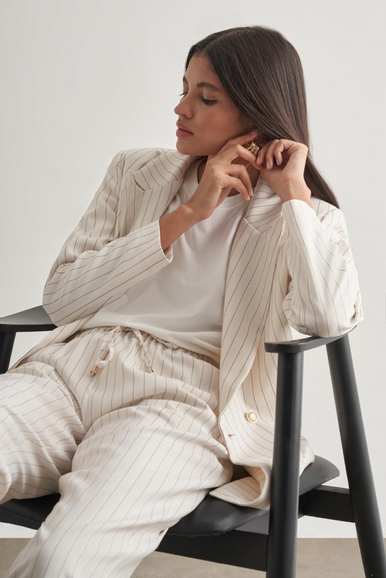 Mizalle Çizgili Ekru Kruvaze Yazlık Ceket - Mizalle