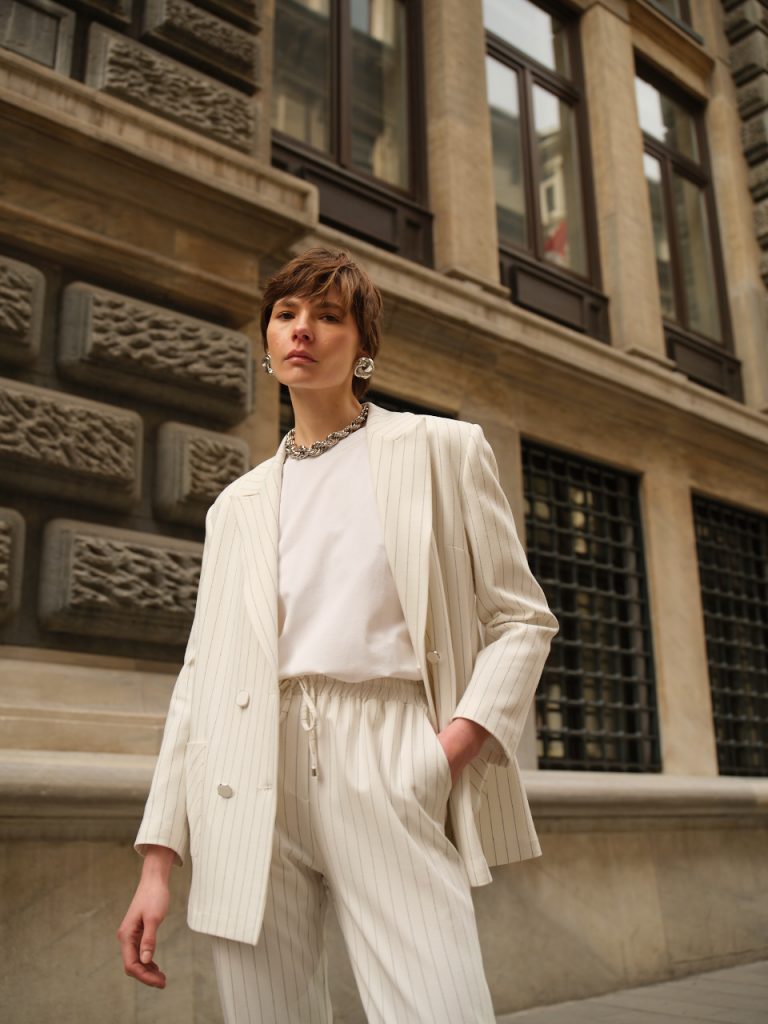 Mizalle Çizgili Ekru Kruvaze Yazlık Ceket - Mizalle