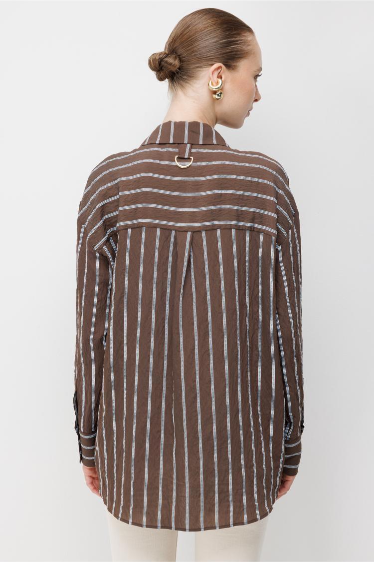 Mizalle Çizgili Oversize Kahve Viskon Gömlek - 4