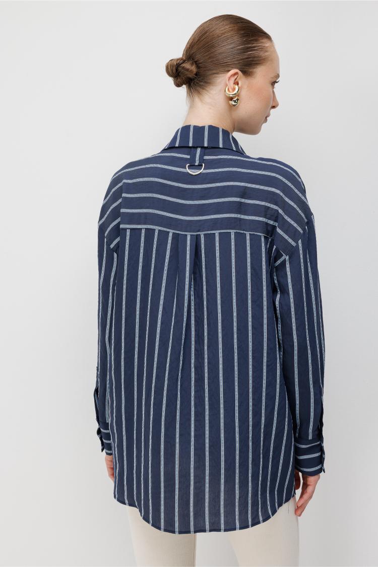 Mizalle Çizgili Oversize Lacivert Viskon Gömlek - Mizalle
