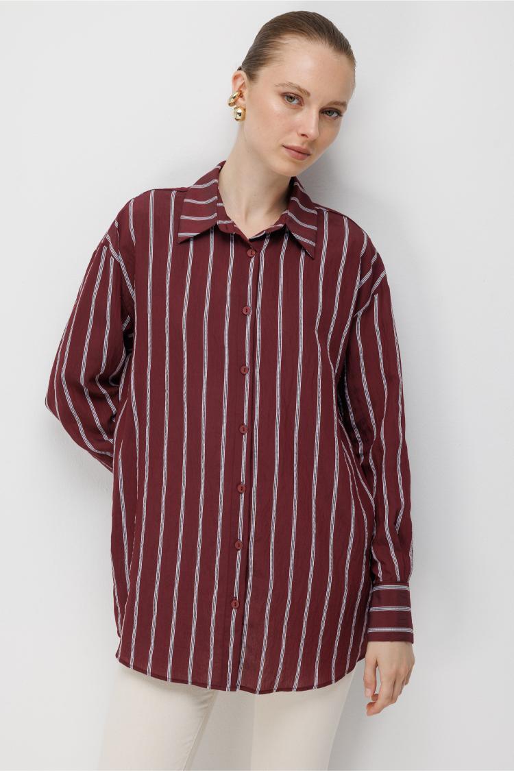 Mizalle Çizgili Oversize Mürdüm Viskon Gömlek - 1
