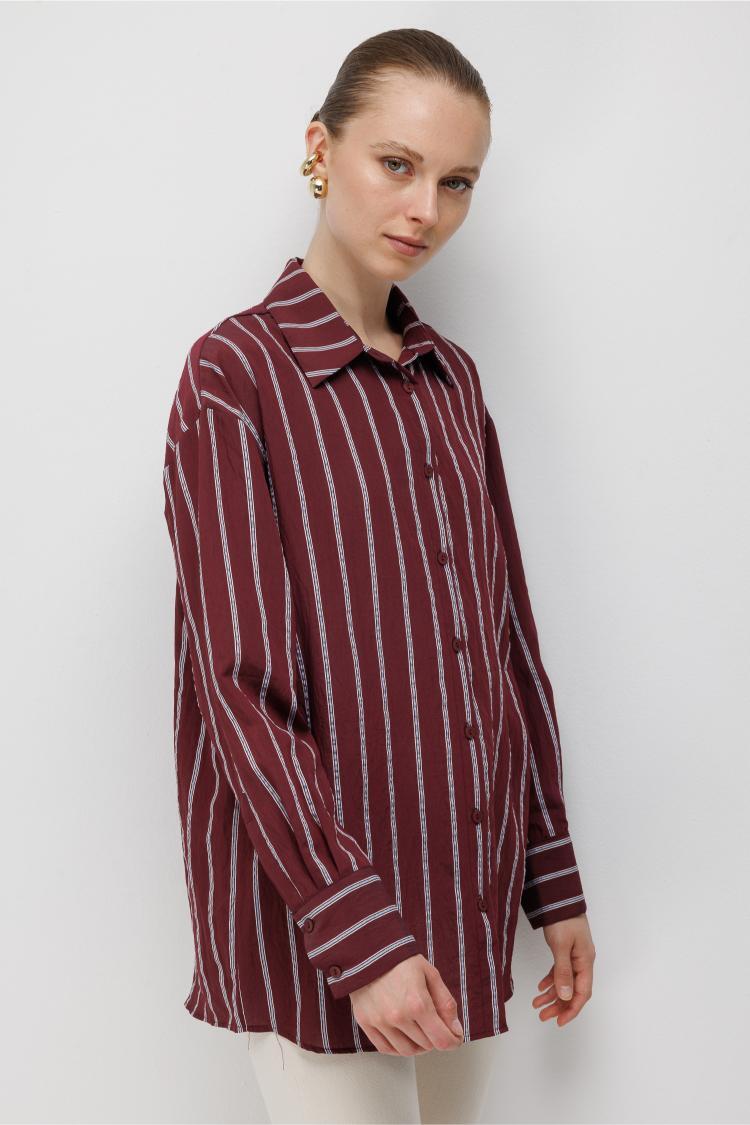 Mizalle Çizgili Oversize Mürdüm Viskon Gömlek - Mizalle