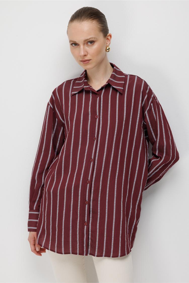 Mizalle Çizgili Oversize Mürdüm Viskon Gömlek - Mizalle