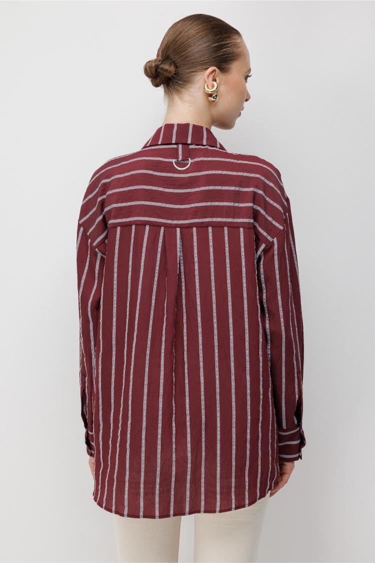 Mizalle Çizgili Oversize Mürdüm Viskon Gömlek - Mizalle