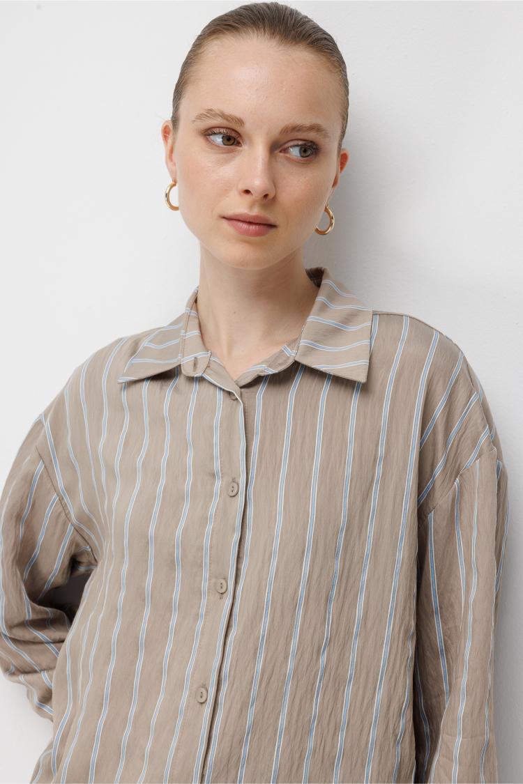 Mizalle Çizgili Oversize Taş Rengi Viskon Gömlek - Mizalle