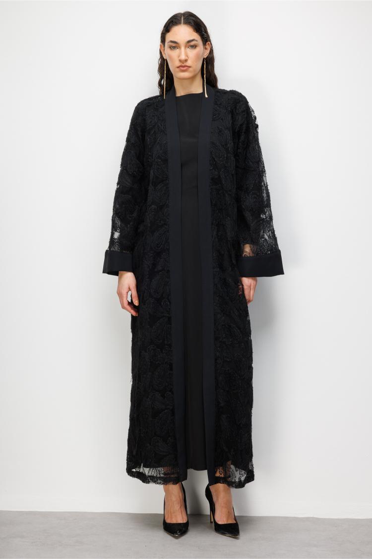 Mizalle Dantel İşlemeli Siyah Abaya - Mizalle