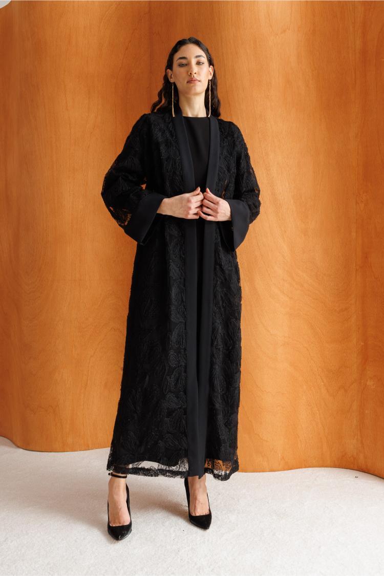 Mizalle Dantel İşlemeli Siyah Abaya - 1