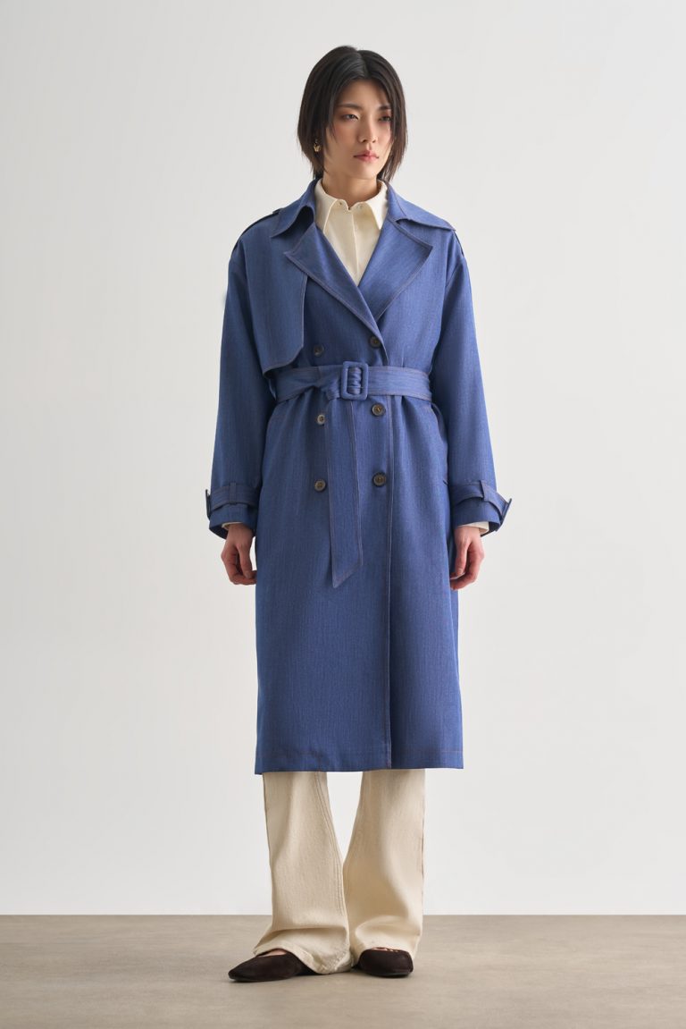 Mizalle Denim Dokulu Uzun İndigo Mavi Trençkot - Mizalle