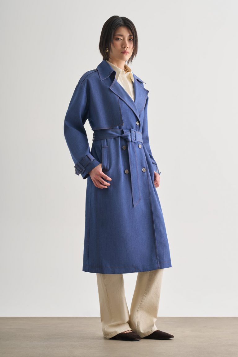 Mizalle Denim Dokulu Uzun İndigo Mavi Trençkot - Mizalle