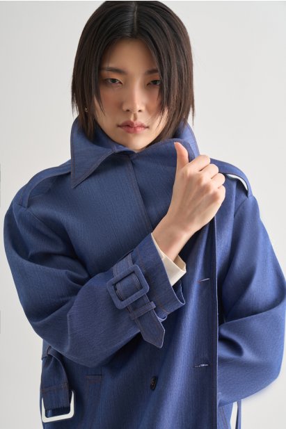 Mizalle Denim Dokulu Uzun İndigo Mavi Trençkot - Mizalle