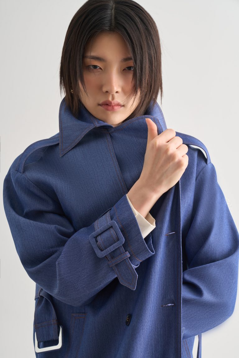 Mizalle Denim Dokulu Uzun İndigo Mavi Trençkot - Mizalle