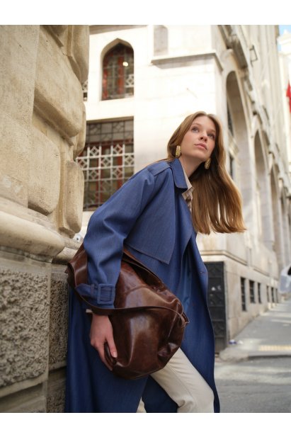 Mizalle Denim Dokulu Uzun İndigo Mavi Trençkot - Mizalle