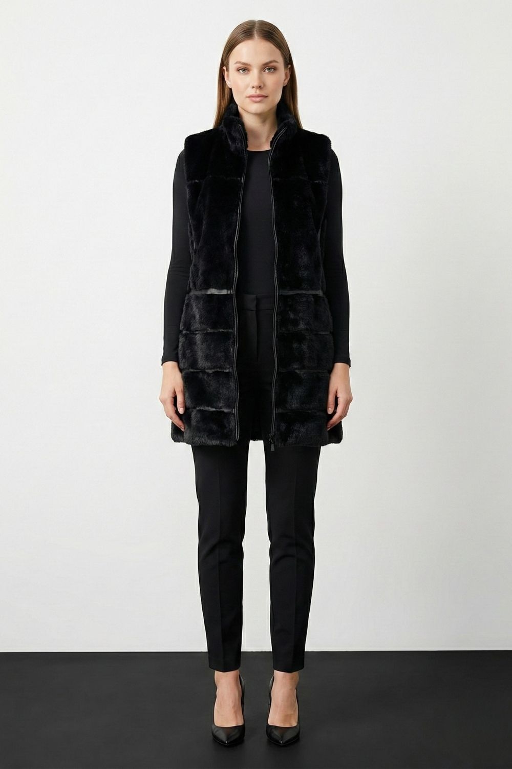 Mizalle Deri Detaylı Yüksek Yaka Uzun Kürk Yelek - 1