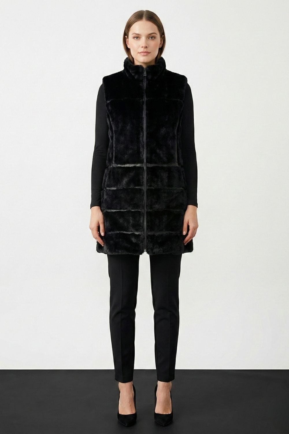 Mizalle Deri Detaylı Yüksek Yaka Uzun Kürk Yelek - Mizalle