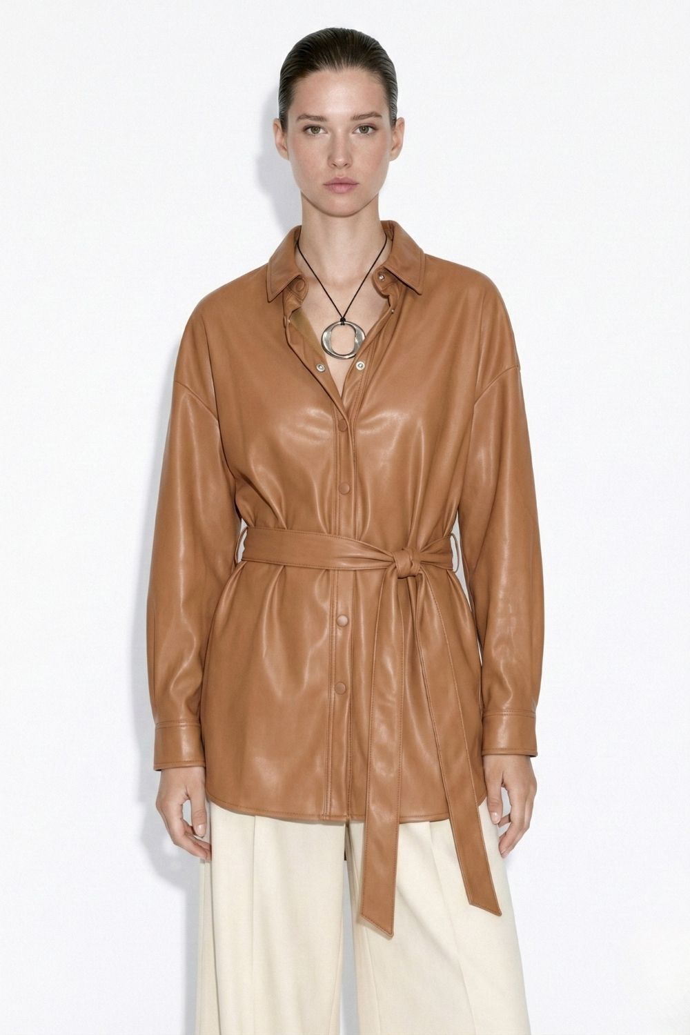 Mizalle Deri görünümlü Kuşaklı Camel Gömlek Tunik - Mizalle