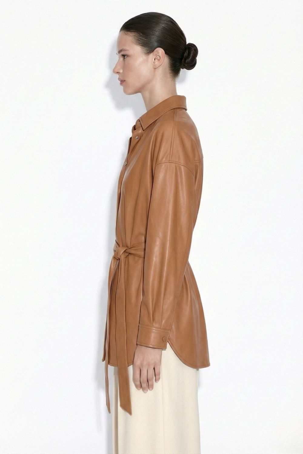 Mizalle Deri görünümlü Kuşaklı Camel Gömlek Tunik - 2