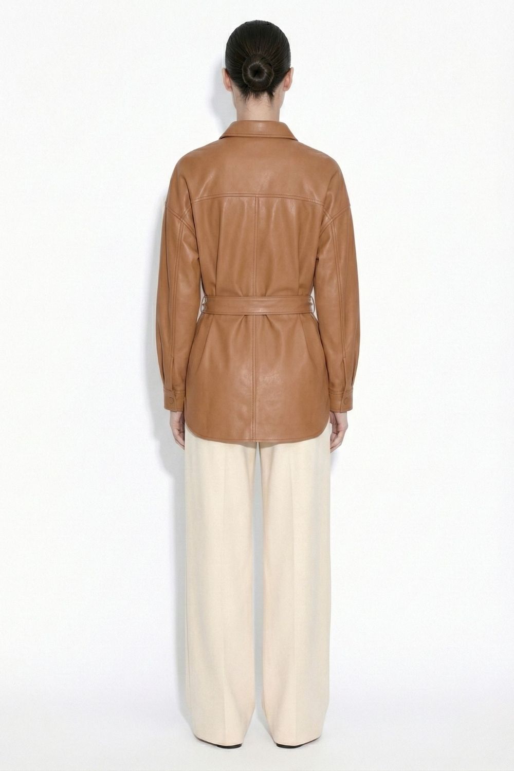 Mizalle Deri görünümlü Kuşaklı Camel Gömlek Tunik - 3