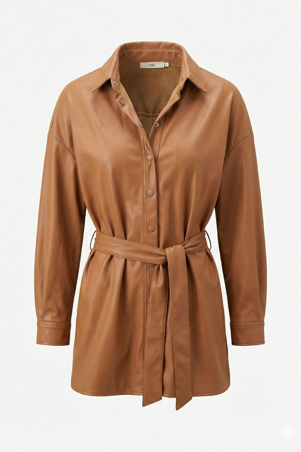 Mizalle Deri görünümlü Kuşaklı Camel Gömlek Tunik - 4