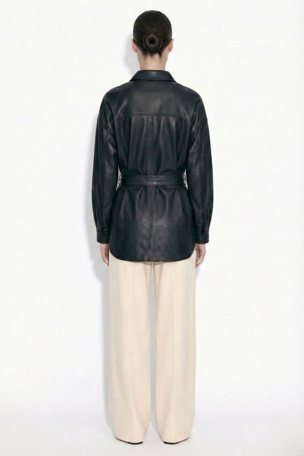 Mizalle Deri görünümlü Kuşaklı Siyah Gömlek Tunik - 3