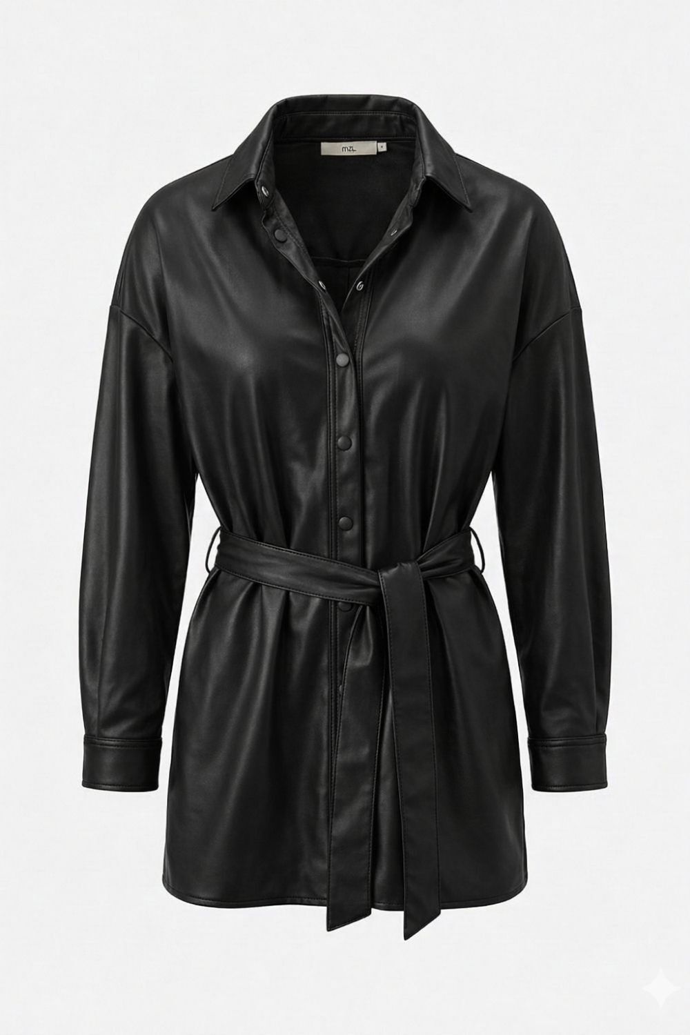 Mizalle Deri görünümlü Kuşaklı Siyah Gömlek Tunik - 4