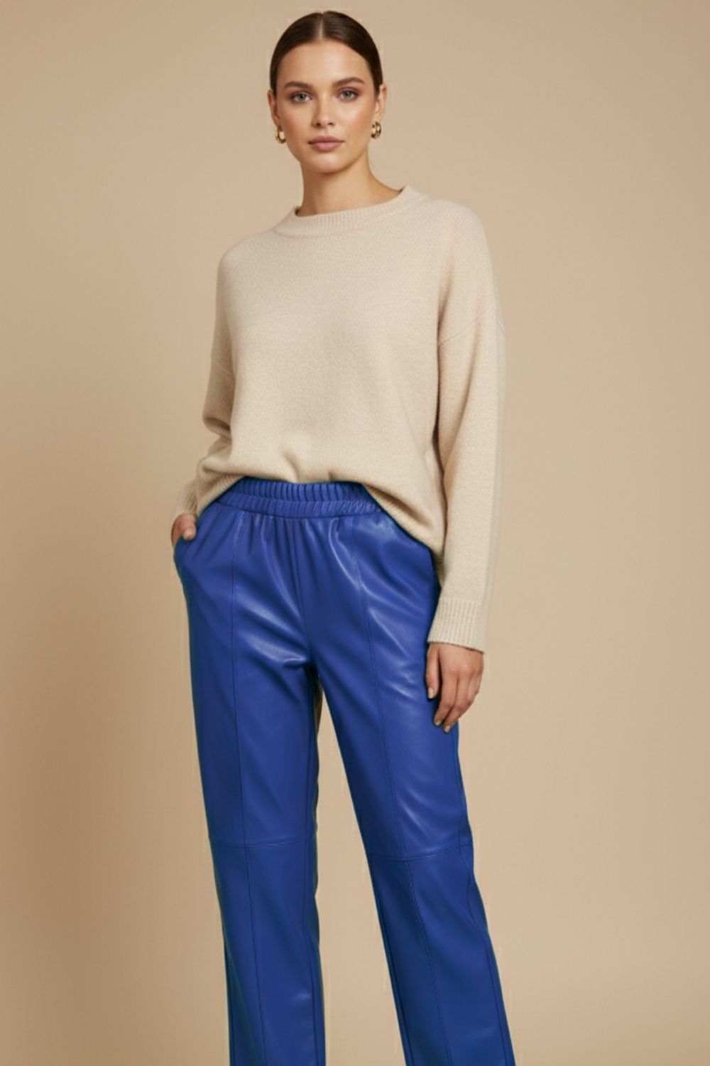 Mizalle Deri Görünümlü Mavi Jogger Pantolon - 2