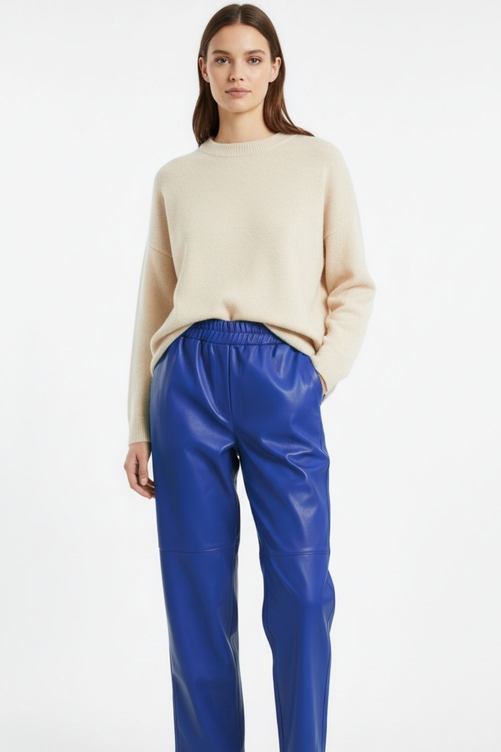 Mizalle Deri Görünümlü Mavi Jogger Pantolon - Mizalle