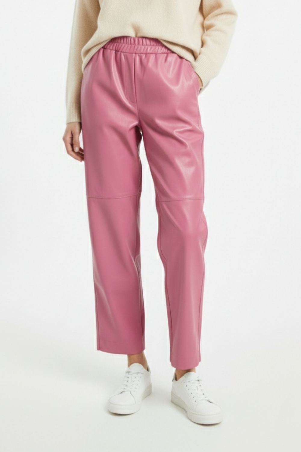 Mizalle Deri Görünümlü Pembe Jogger Pantolon - Mizalle