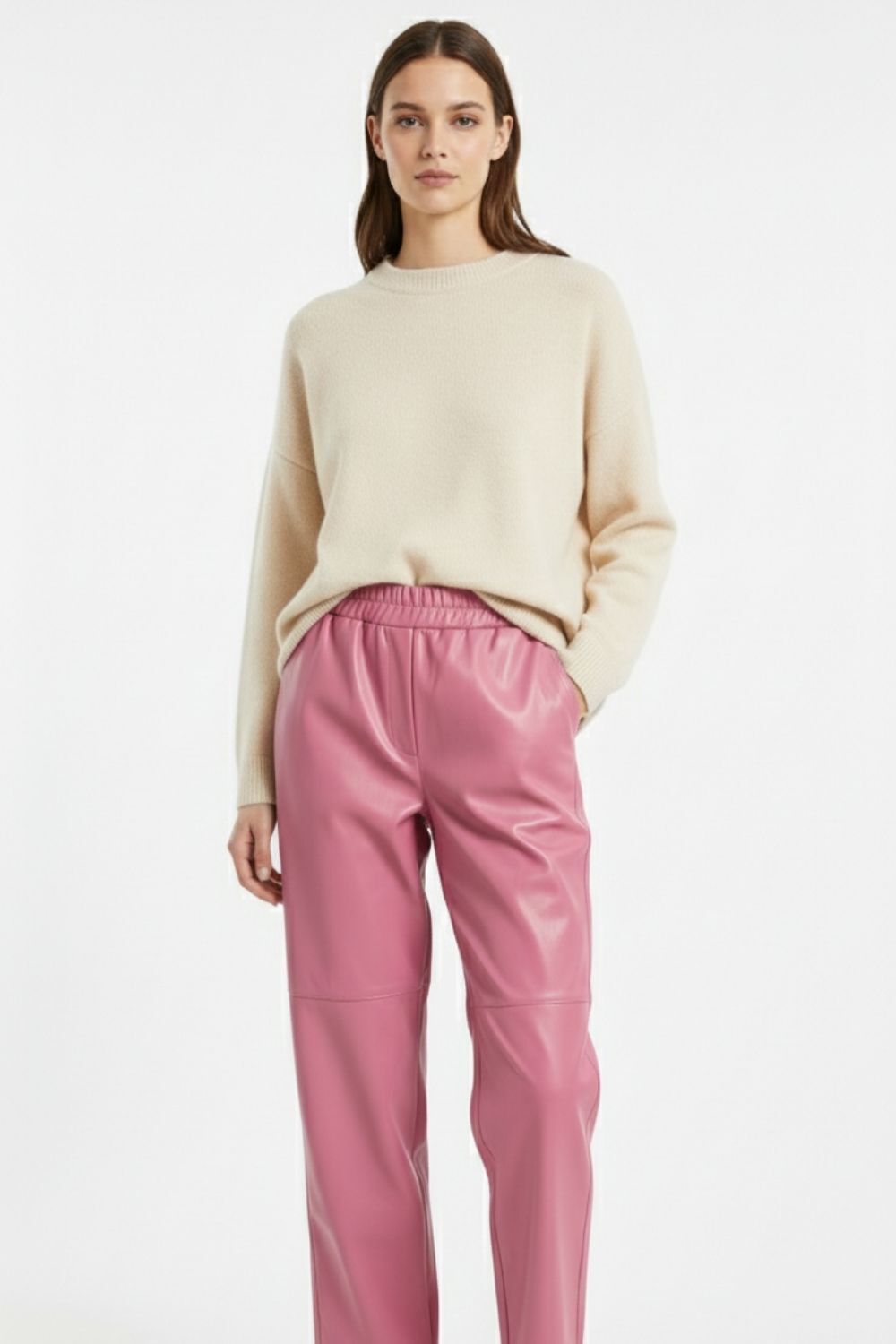 Mizalle Deri Görünümlü Pembe Jogger Pantolon - 2